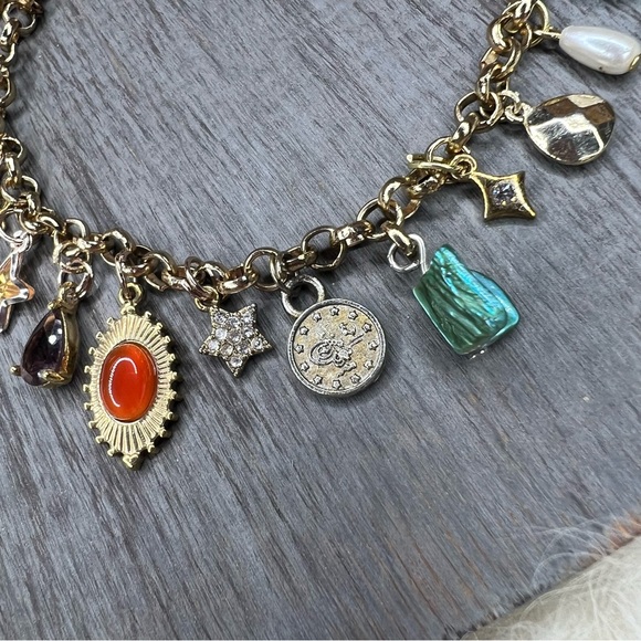 Handmade Gold Tone Charm Bracelet with Multicolor Accent Charms - Picture 4 of 9